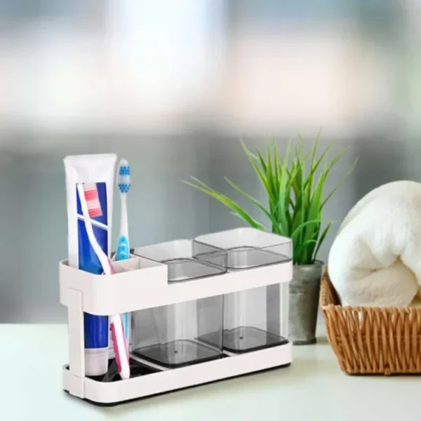 2 CUPS With 1 TOOTHBRUSH HOLDER STAND TOOTHPASTE STORAGE RACK REMOVABEL STORAGE ORGANIZER - Image 2