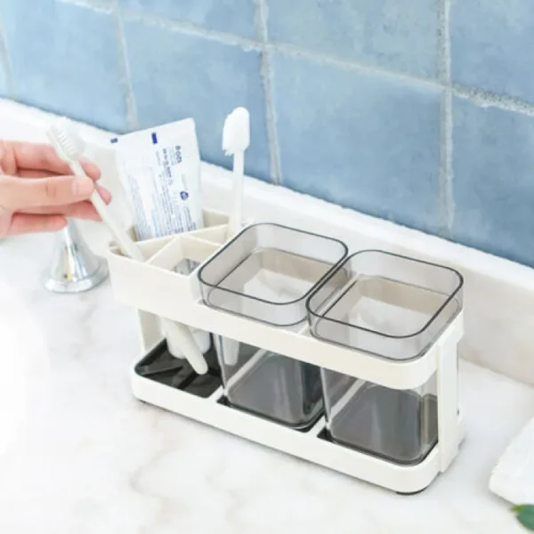 2 CUPS With 1 TOOTHBRUSH HOLDER STAND TOOTHPASTE STORAGE RACK REMOVABEL STORAGE ORGANIZER - Image 4